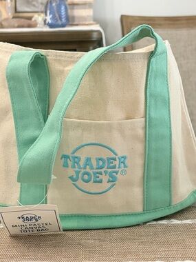 Trader Joe's mini Canvas Tote Bag in Mint and Natural